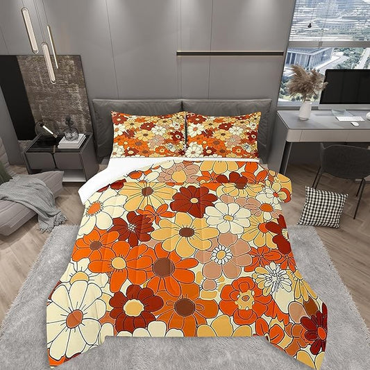 Bohemian Flowers Bedding Set King Size,70s Vintage Floral Comforter Set Room Decor for Couple,Hippie Retro Groovy Botanical Microfiber Down Comforter,2 Pillowcases