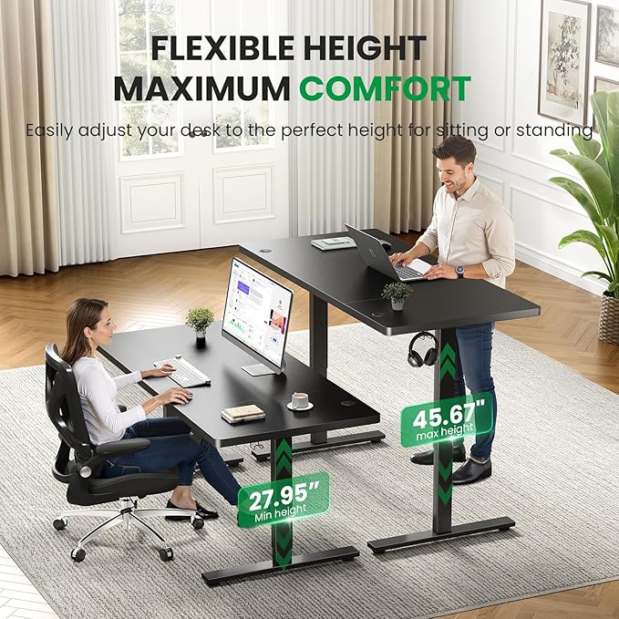 SIAGO Electric Standing Desk Adjustable - 60x28 Inch Sit Stand Desk with 1 Inch Thick Tabletop, Double Beam Frame, 3 Memory Height Adjustment, Cable Management for Home Office