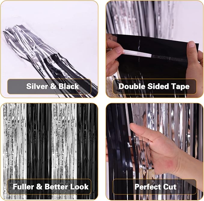 2 Pack 3.2 x 8.2 ft Black and Silver Foil Fringe Curtains Party Decorations, Sparkle Tinsel Curtain Photo Backdrop for Birthday Wedding Graduation Stream