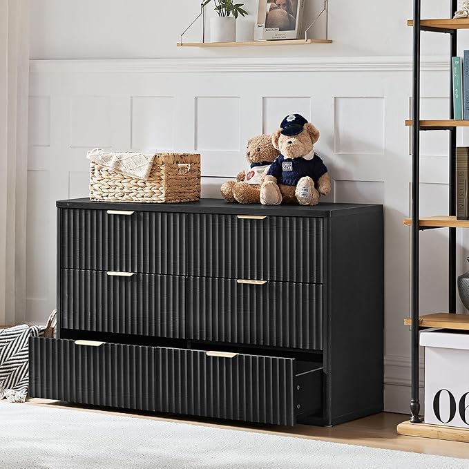 LEYAOYAO Fluted 6 Drawers Dresser Set of 2, 48" Wide Modern Chest of Drawers with Woodgrain Top, Curved Profile Design, Dresser TV Stand, Wooden Drawer Organizer for Bedroom, Living Room,Black