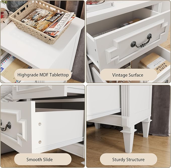BLANKSPACE Farmhouse White Nightstand wtih Vintage Surface, 26" Tall End Table, Side Table with 2 Drawers Storage Cabinet for Bedroom, Living Room