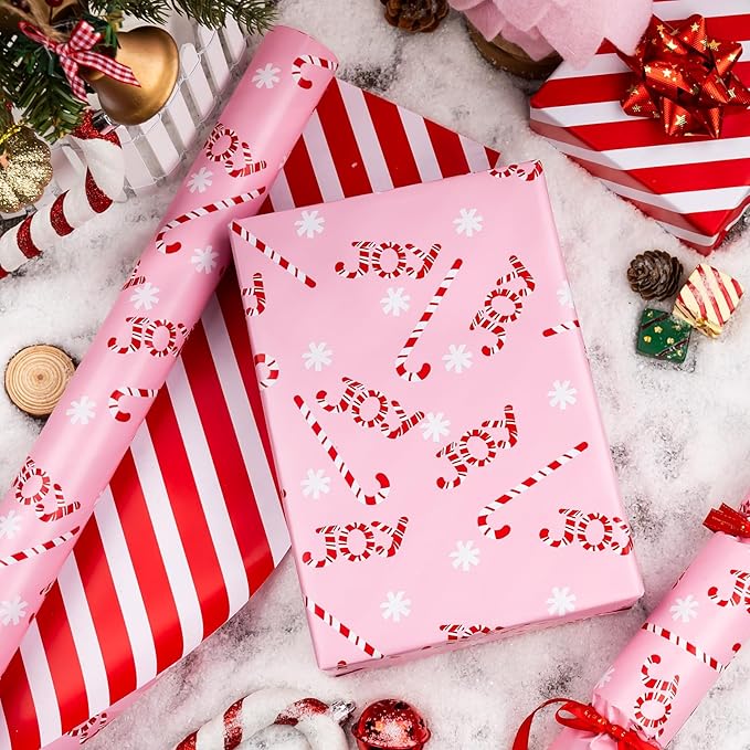 MAYPLUSS Christmas Gift Wrapping Paper Roll - 17 Inch X 33 Feet - Reversible Pink Candy Cane and Stripe Design for Winter Gift Wrap, DIY Craft, Christmas, Party, Holiday and Birthday