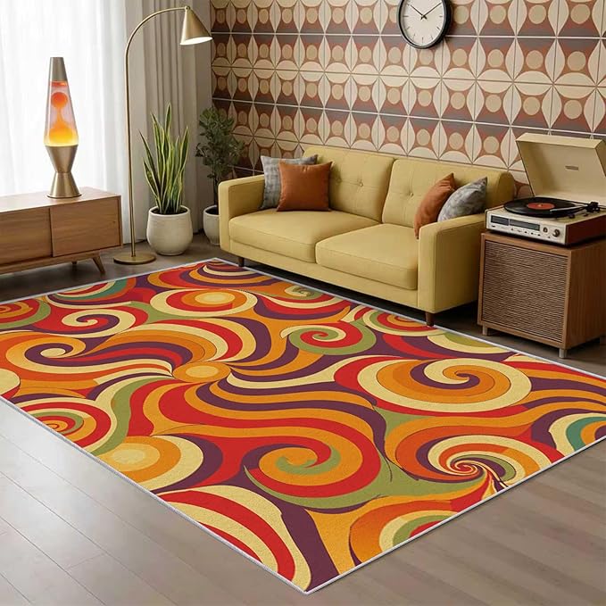 70s Retro Rug 3x5 Swirl Psychedelic Groovy Hippie Pop Pattern Area Rugs for Living Room, Bedroom, 70s Retro Home Decor Accessories Indoor Carpet, Non Slip & Machine Washable, GD0314