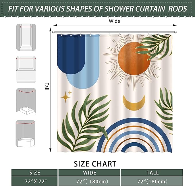 JWXCBIM Boho Mid Century Shower Curtain, Bohemian Blue Minimalist Simple Aesthetic Modern Bathroom Decor, Colorful Rainbow Sun Moon Natural Botanical Leaves Fabric Cloth Bath Curtain 72x72 Inches