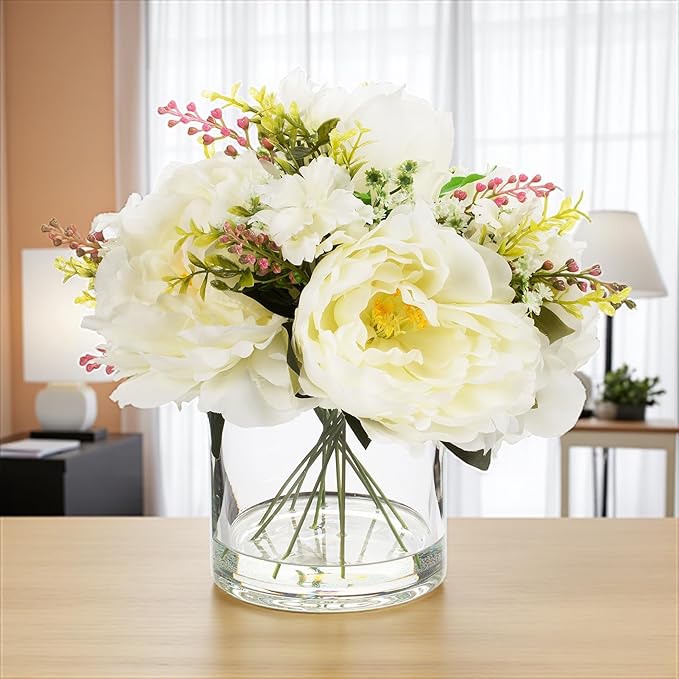 ENOVA FLORAL Artificial Silk Flower Arrangement with Vase,Mixed Artificial Silk Peony Flower in Vase for Decoration Home Office, Wedding Centerpiece (Cream)