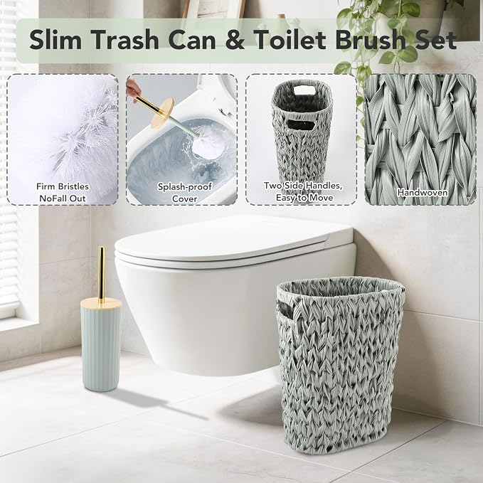 Bathroom Accessories Set, 25PCS Wicker Bathroom Accessory Set with Shower Curtain, Bath Mat, Soap Dispenser, Handwoven Trash Can & Rattan Tissue Box ((Sage Green, Bath Set+Shower Curtain+Rugs)