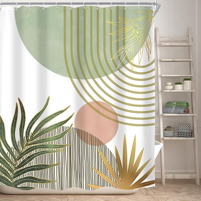KOMLLEX Mid Century Boho Shower Curtain for Bathroom Decor Abstract Green Modern Minimalist Red Aesthetic Sun Arch Curve Leaves Geometric Neutral Fabric Waterproof Polyester 12 Pack Hook 60Wx72H