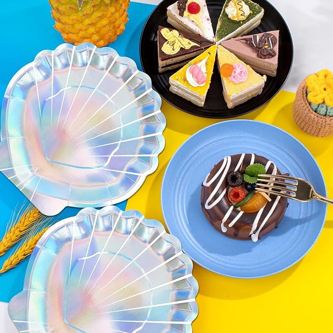 40 Pcs Iridescent Mermaid Plates and Napkins Party Supplies, Seashell Disposable Paper Plates and Napkins Tableware Set for Mermaid Baby Shower Birthday Party Decorations Serves 20