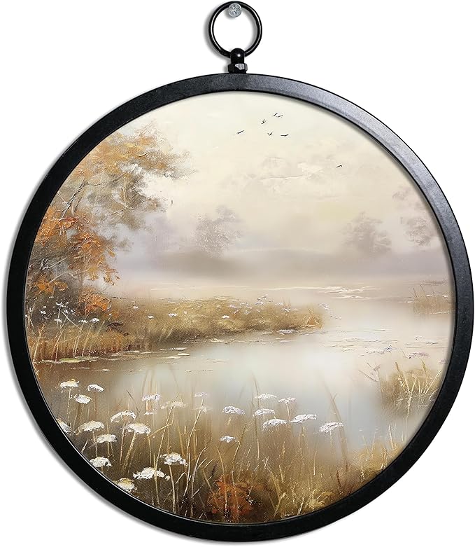 XIAOAIKA Vintage Wall Art with Metal Frame, Round Wood Print Featuring Foggy Lake and Trees, Boho Wall Decor for Living Room, Bedroom, Kitchen, 10 Inch