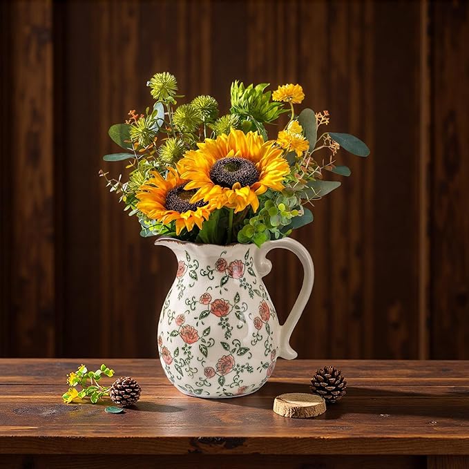 Green and Beige Vintage Vase with Handle,Red Rose Chinoiserie Vase,Farmhouse Antique Decorative Ceramic Vases for Home Decor,Bookshelf, Dining Table, Coffee Table,Mantel, Tuscan Decor (H8.05 Inch)