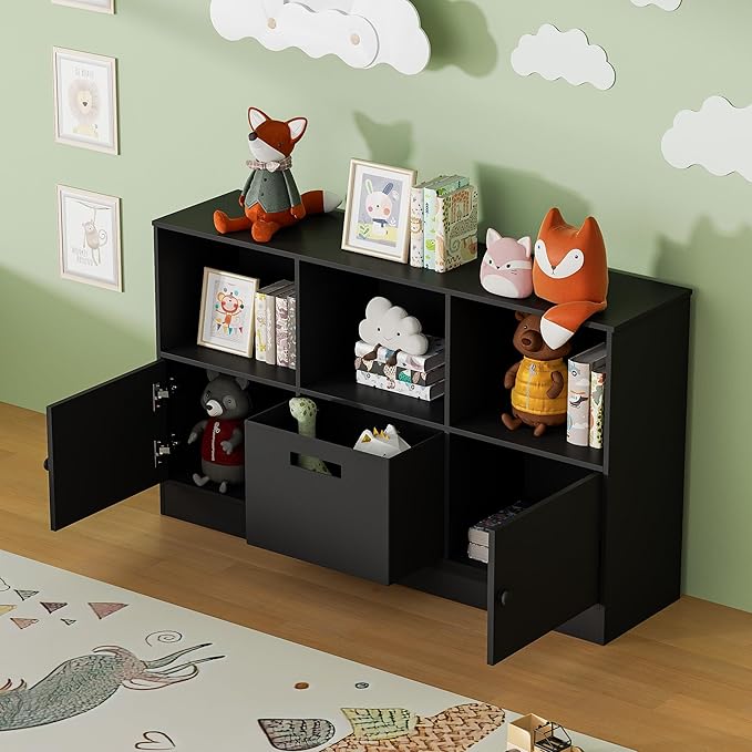 2-Tier Open Bookcase with 2 Doors, 6-Cube Wooden Bookshelf with Fabric Drawer, Floor Standing Display Cabinet Organizer, Kids Open Shelf Low Bookcase for Living Room, Bedroom, Office, Black