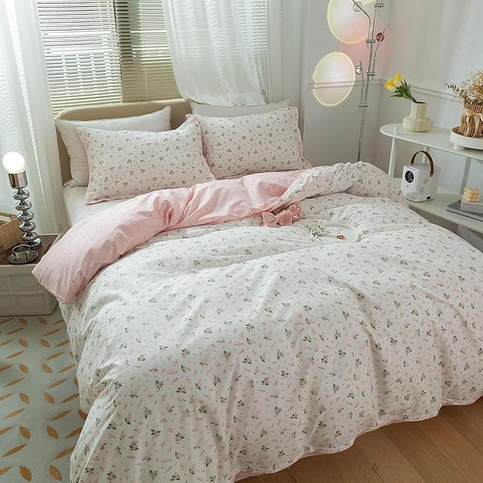 EAVD Girls Floral Duvet Cover Twin Pink White Soft Cotton Garden Aesthetic Floral Bedding Set with 2 Pillowcases Chic Shabby Vintage Botanical Comforter Cover with Zipper Closure