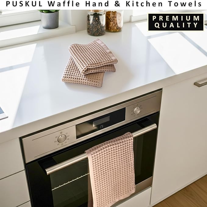 PÜSKÜL Natural 100% Turkish Cotton Waffle Kitchen Towels Set of 3 | Oeko-Tex, Premium Waffle Hand Towels for Bathroom | Soft Absorbent Quick-Dry Lint-Free Dish Towel Large 32x16 inch (3, Beige)