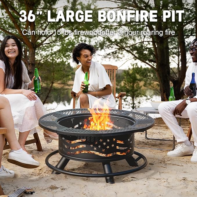 Panovue 36 Inch Fire Pit with 2 Cooking Grates, Outdoor Wood Burning BBQ Grill Firepit Bowl with Cover Lid, Steel Round Table for Backyard Bonfire Patio Picnic (Black, 36IN)