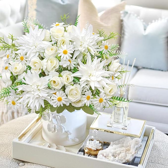2PCS Artificial Flowers Dahlia Bouquet Fake Flowers White Silk Roses Daisies Faux Floral Arrangements for Dining Table Centerpieces for Kitchen Bridal Bouquet Wedding Party Home Decor
