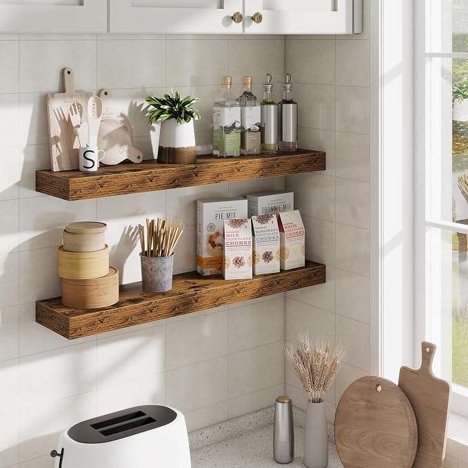 Fun Memories Floating Shelves 30 Inch, Wall Mounted Wood Shelf Set of 2, Farmhouse Decor for Bathroom, Bedroom, Kitchen, Living Room, Rustic Brown