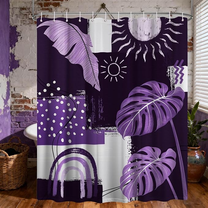 Small Stall Narrow Dark Purple Shower Curtain Lavender Stand Up Mid Century Modern Shower Curtains for Rv Camper Bathroom Decor Sets, Waterproof Cloth Fabric with Hooks, 48 x 72 Inch