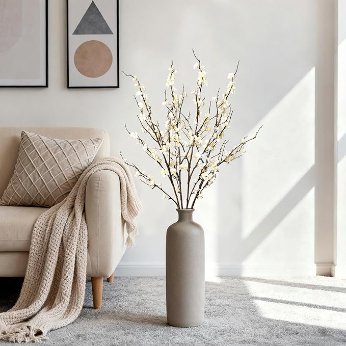 4Pcs Cherry Blossom Branches Artificial Flowers for Spring Summer Indoor Decoration,Faux Long Stem Artificial Flowers for Wedding Home Office Bedroom Party Table Centerpieces Decor(White)