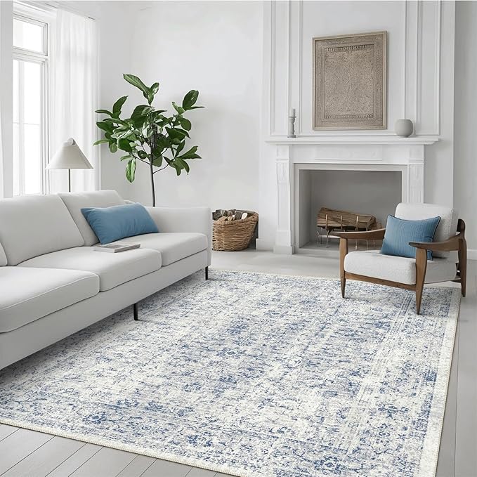 6x9 Area Rug, Ultra-Soft Washable Rug for Living Room, Dinner Room, Bedroom, Non-Slip Vintage Floral Rug, Indoor Carpet Large Area Rug, Blue