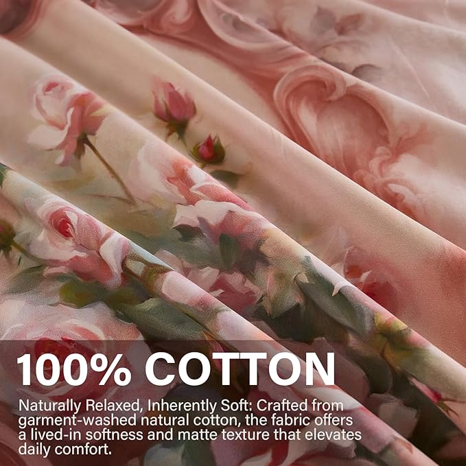 100% Cotton Duvet Cover Set King Size – Pink French Vintage Rose Bedding with Zipper Closure, 3-Piece Luxury Romantic Shabby Chic Floral Comforter Cover with 2 Pillowcases