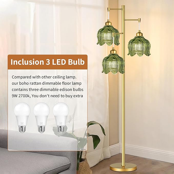 QIYIZM Gold Floor Lamp for Living Room,Bedroom,Mid Century Modern Standing Lamp Brass Tree 3 Light Tall Floor Lamps Vintage Retro Floor Lights Glass Green Flower Lamp Shade Farmhouse Boho Bohemian