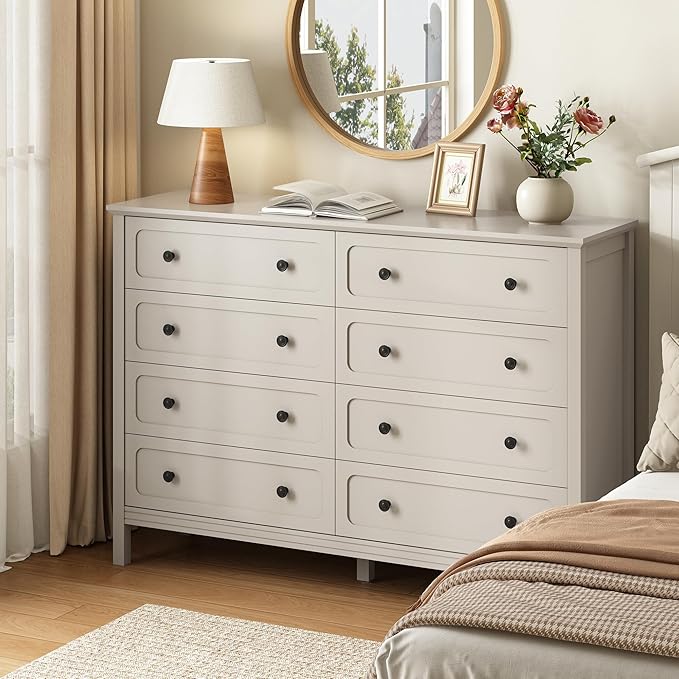 CARPETNAL Beige Dresser for Bedroom, 55" Wide 8 Drawer Dresser with Metal Handles and Deep Drawers, Modern Large Wood Chest of Drawers for Living Room, Hallway.