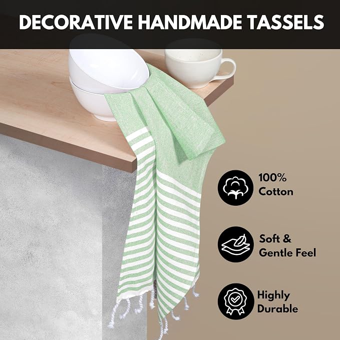 Turkish Kitchen Towels 18x26 Inches with Tassels - 4 Pack - Absorbent, Durable, Soft 100% Cotton Dish Towels for Drying & Cleaning - Machine Washable, Quick Dry - Apple Green