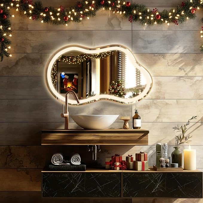 Irregular LED Bathroom Mirror with Lights, Cloud Smart Backlit Mirror, Dimmable Lighted Bathroom Gold Mirror with Anti-Fog, Asymmetrical Vanity Mirror Hangable 2 Ways (Gold, 24 x 36, 1 Pack)