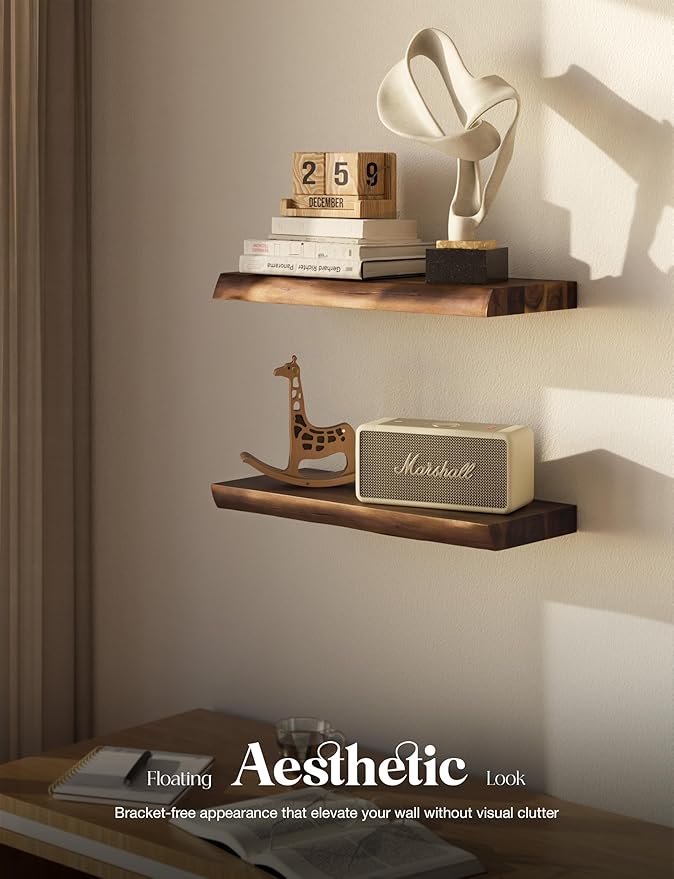 BATODA 17” Acacia Live Edge Floating Shelves, Wooden Floating Shelves for Wall - Floating Book Shelves, Book Shelf for Bathroom, Kitchen - Wall Mounted Shelf for House Decor (Walnut Color)