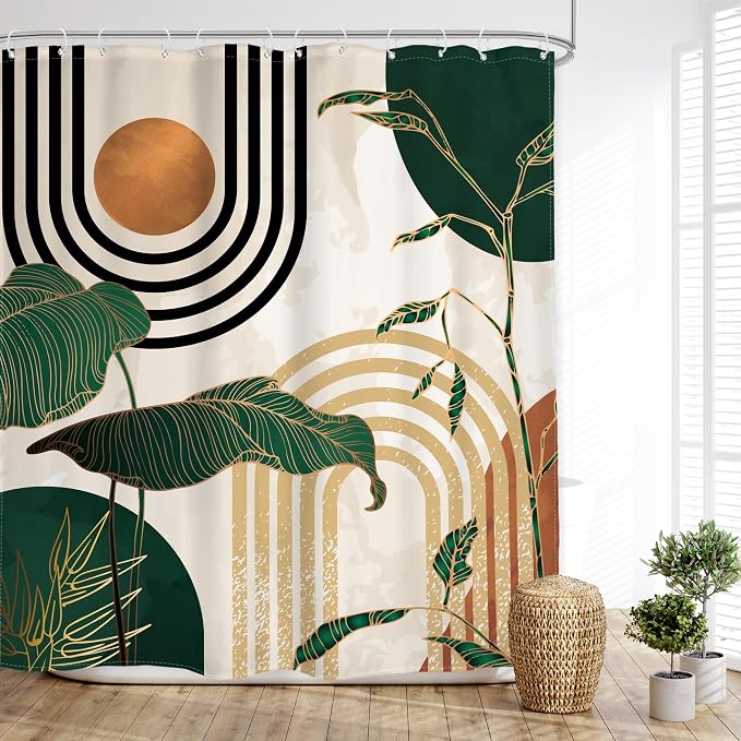 Glawry Abstract Mid Century Shower Curtain Green Retro Boho Tropical Palm Tree Sun Arch Bathroom Modern Minimalist Aesthetic 72Wx78L Inches Bath Accessories Art Home Decor Fabric 12 Pack Hooks
