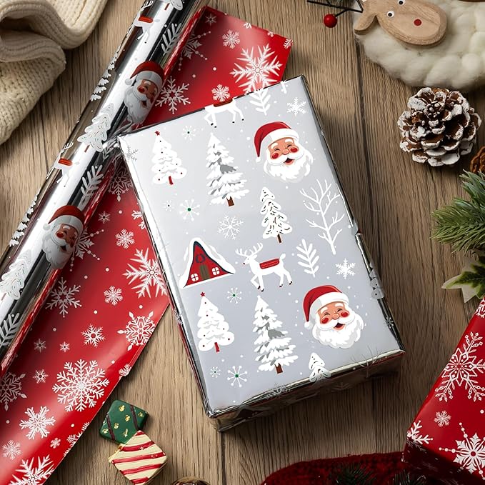 MAYPLUSS Reversible Christmas Wrapping Paper Roll - 17 Inch X 33 Feet - Vintage Santa Claus Silver Christmas Snowy Forest Design w/Metallic Foil Shine Winter Gift Wrap Paper for Holiday, Celebration