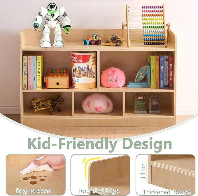Wooden Storage Cabinet, 2-Tier Montessori Bookshelf, 5-Section Kids Toy Storage Organizer Toddler Book Shelf, Book Shelf for Kids Rooms, Playroom and Preschool