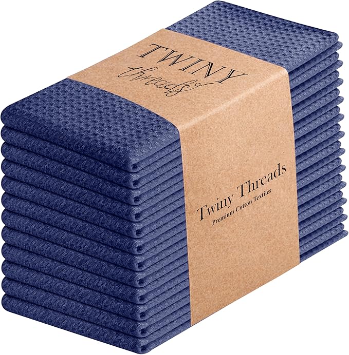 TWINY threads Kitchen Dish Towels Set of 12, 100% Cotton Waffle Weave, Absorbent Dishcloth & Tea Towel with Hanging Loop, Reusable for Table Cleaning, Quick Drying - 16x26 Inches - Indigo Blue