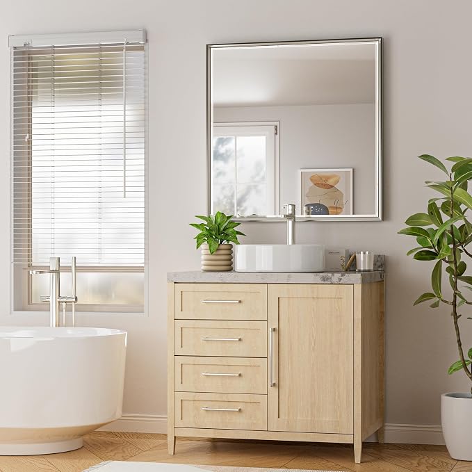 Brushed Nickel Bathroom Mirror, Bathroom Mirrors for Over Sink, 36x36 Inch Square Mirror, Dual Bevel Edges Design, Silver Mirror for Bathroom, Shatterproof 36 Inch Wall Mirror