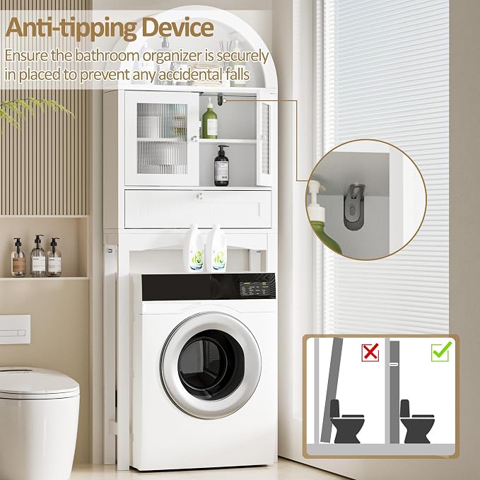 Spurgehom Over The Toilet Storage Cabinet, Bathroom Shelf Organizer Freestanding, Bathroom Arch Cabinet Over Toilet with Glass Door and Anti-Tipping Device, White