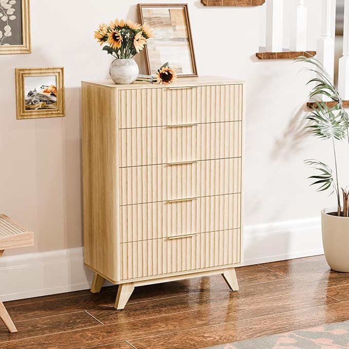 VINGLI Tall Dresser for Bedroom, Fluted Dresser Vertical Chest of Drawers, Tall Skinny Dressers with Rounded Edges, 29.92" W*15.6" D*44.88" H