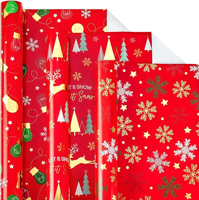 MAYPLUSS Red Christmas Wrapping Paper Rolls - 17" X 120" Per Roll - Vintage Funky Red Deer, Christmas Oranments, and Snowflakes Pattern Holiday Gift Wrap Present Paper for Festive Celebrations