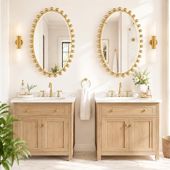 24"x36"Oval Wall Mounted Bathroom Mirror with Beveled Glass, Antique Gold Beaded Ball Frame, Vertical & Horizontal Hanging Vanity Wall Mirror for Bathroom, Bedroom, Entryway, Dressing Room