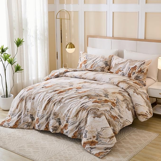 100% Cotton Comforter Set Queen Size 3 Pcs Taupe Marble Bedding Modern Simple Abstract Theme Soft Breathable
