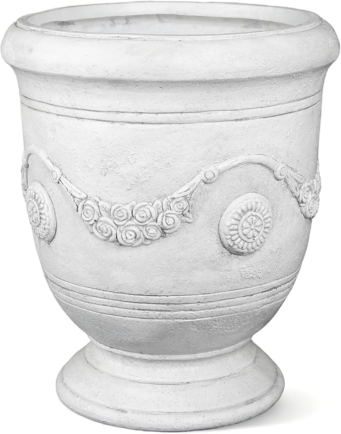 Large Urn Planter Magnesium Oxide Plant Pot with Cement Texture Concrete Urn Planters with Drainage Hole, 14" Dia x 17.5", White