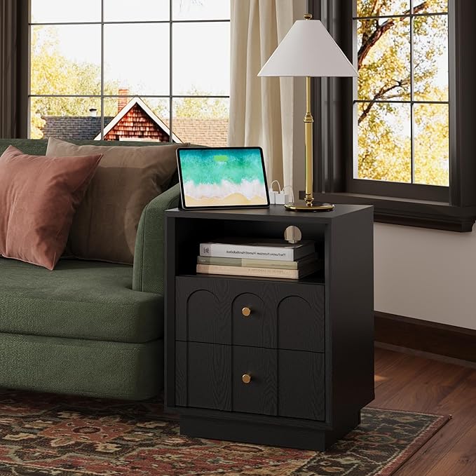 Nightstand Set of 2 with Charging Station, Mid Century Modern Nightstand with Arched Design, Minimalist End Table Wood Grain Bedside Tables for Bedroom or Living Room, Black