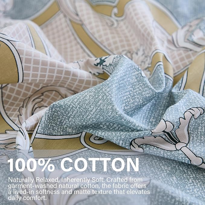 100% Natural Cotton Duvet Cover Set Queen 3 Pcs Grayish Blue Duvet Cover with Luxurious Damask Pattern, Reversible Breathable Soft Comforter Cover Sets with Zipper Closure All Season