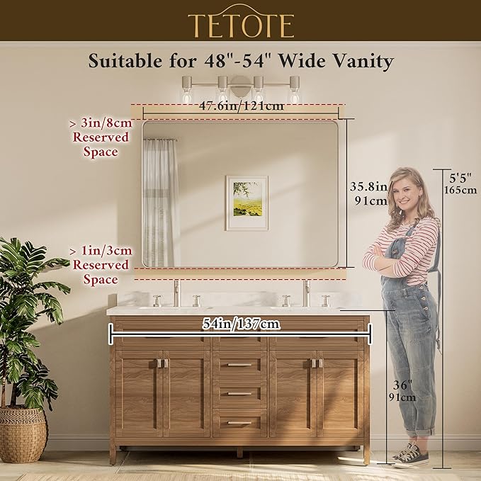 TETOTE 48 x 36 Inch Brushed Nickel Mirror for Bathroom Over Sink Metal Framed Mirror Modern Farmhouse for Living Room Entryway(Horizontal/Vertical)