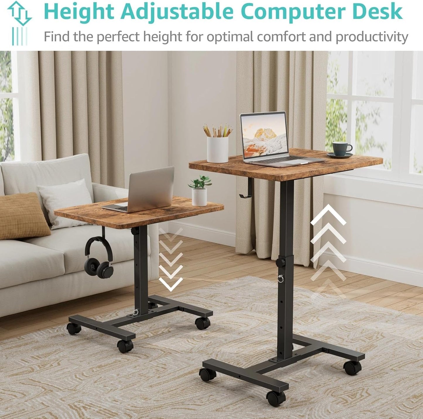 Small Portable Standing Desk by [Brand Name] - 24-Inch Adjustable Height Mobile Desk on Wheels | Rustic Brown for Kids & Small Spaces
