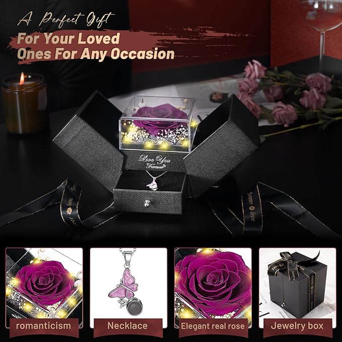 DRTINA Preserved Purple Real Rose with I Love You Butterfly Necklace-Eternal Flowers Rose Birthday Gifts for Women Wife Mom Girlfriend Grandma on Mothers Day Valentines Anniversary Christmas Romantic