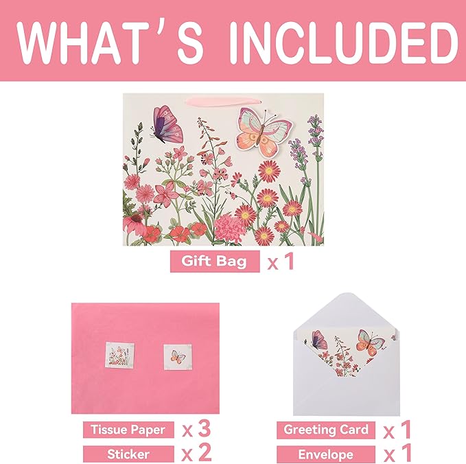 Qirrmiy 16.5” Extra Large 3D Butterfly Gift Bag Set with Handles, Greeting Card, Pink Tissue Papers and Stickers for Women Girls for Birthday, Mothers' Day, Wedding, Anniversary, Floral Design, 1 Pcs