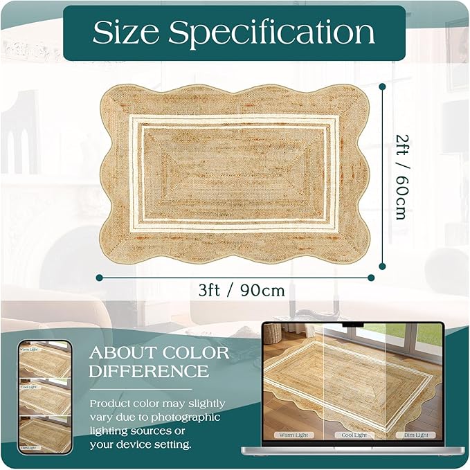 Front Door Rug - 2x3 Jute-Look Washable Doormat Indoor Outdoor Entrance Non-Slip Door Mat Farmhouse Scalloped Small Throw Rugs for Entryway Bedroom Kitchen Mat for Floor Front Porch Decor