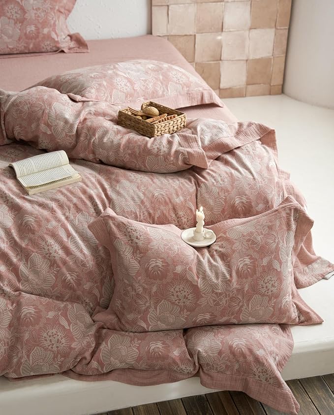 VM VOUGEMARKET Jacquard Floral Duvet Cover Set King,Yarn-Dyed Cotton Blush Pink Flower Duvet Cover Bordered,Vintage Garden Style Bedding Set King Size 3 Pieces