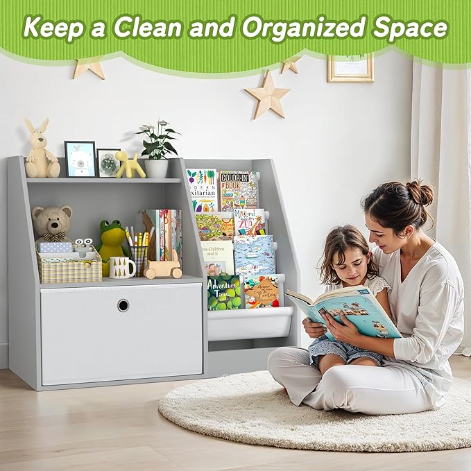 TOETOL Kids Bookshelf,Book Storage Organizer,4 Sling Toddler Wooden Book Shelf,2-Tier Kids Bookcase for Bedroom,Livingroom,Playroom,Nursery-Grey