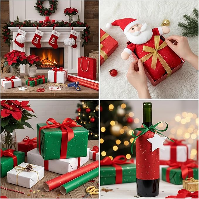 Qilery 500 Sheets Christmas Glitter Red Green White Tissue Paper Bulk 15 x 20 Inch Wrapping Paper for Gift Bags Acid Free Tissue for Christmas Craft Supplies, Bouquets, Garlands, Forming Pompoms
